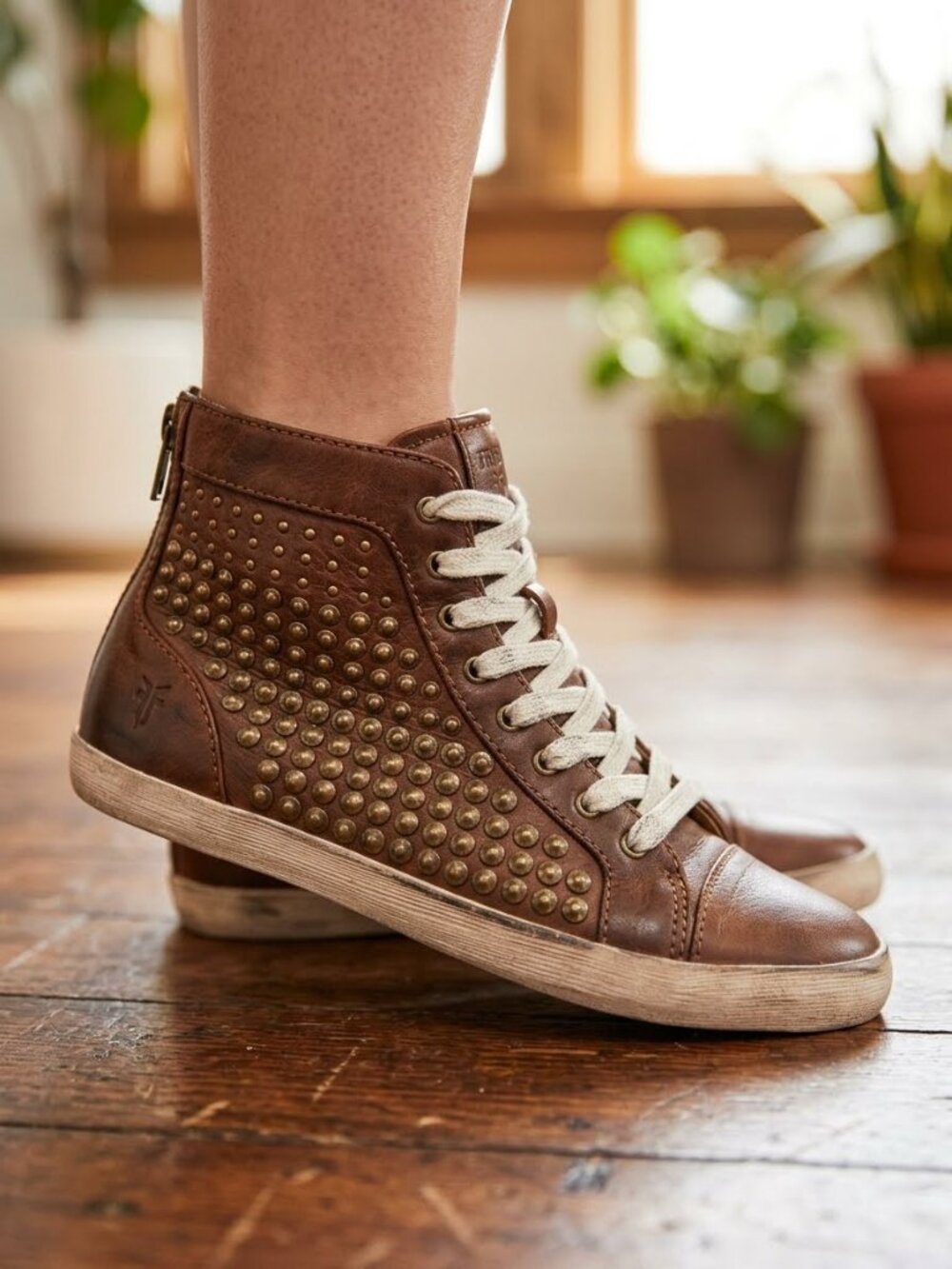 Frye Brown Studded High-Top Kira Sneakers with White Laces